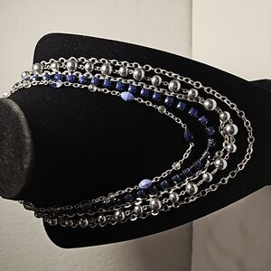 5 Strand Blue Rhinestones, Silver & Misc.Blue Acrylic Beads on Silver Chain Neck